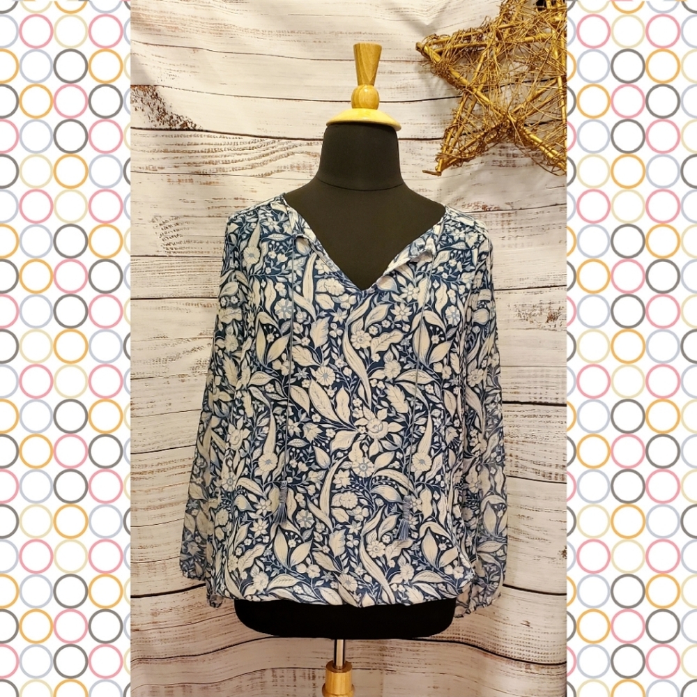 Lane Bryant Blue Floral Sheer Peasant Blouse Size 14/16